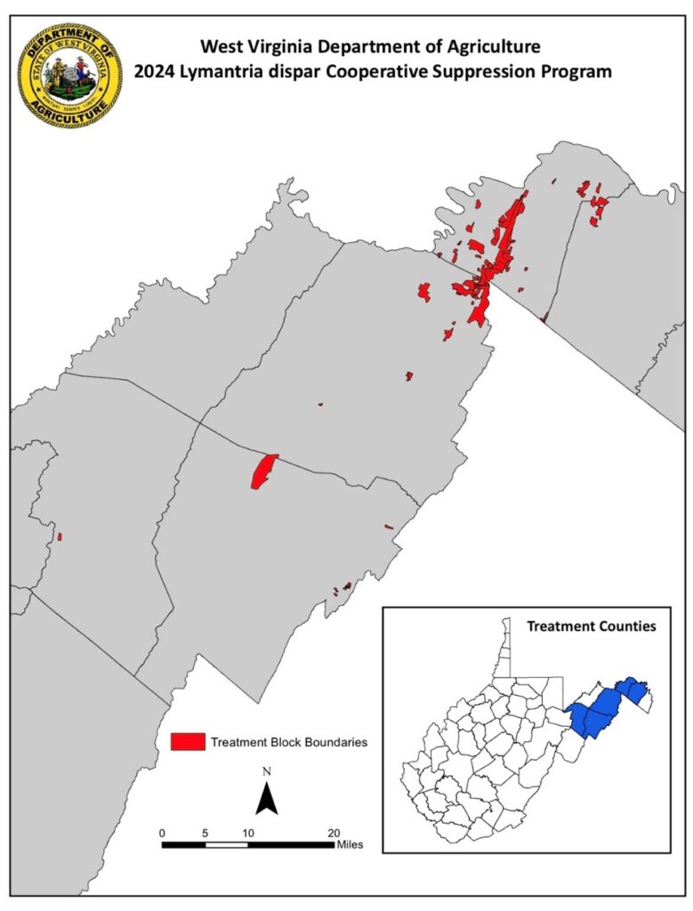 Zoomed in picture of the Eastern Panhandle of West Virginia showing the Treatment Block Boundaries and Treatment Counties for Lymantria Dispar.